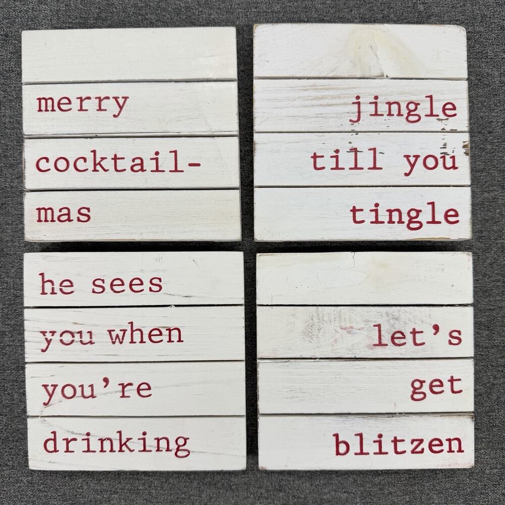 Mud Pie Christmas Merry Cocktail-mas Wood Coaster Set Crate Rustic Holiday Decor
